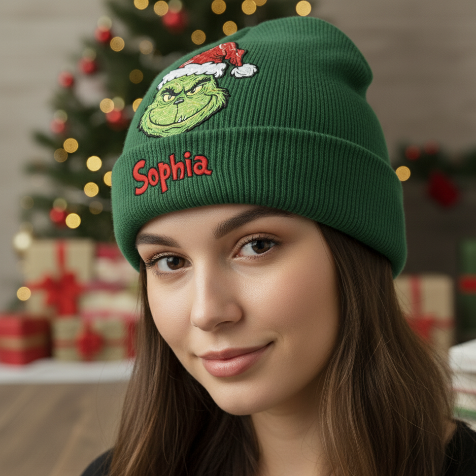 Merry Grinchmas - Personalized Stole Christmas Beanie Hat With Patches