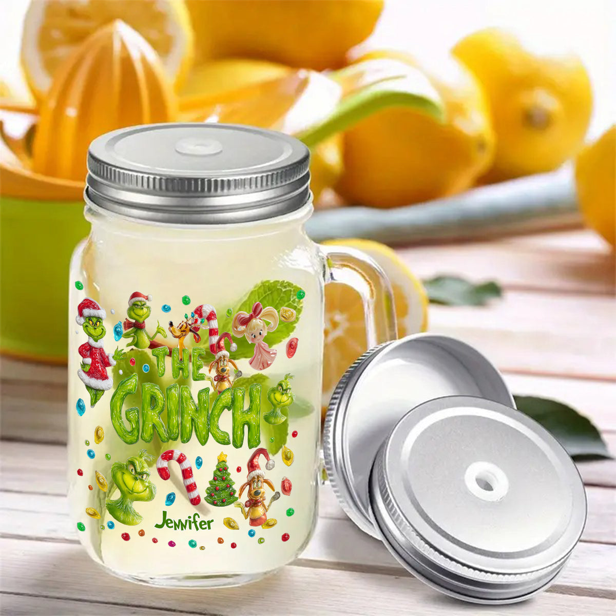 Merry Greenmas - Personalized Stole Christmas Mason Jar Cup