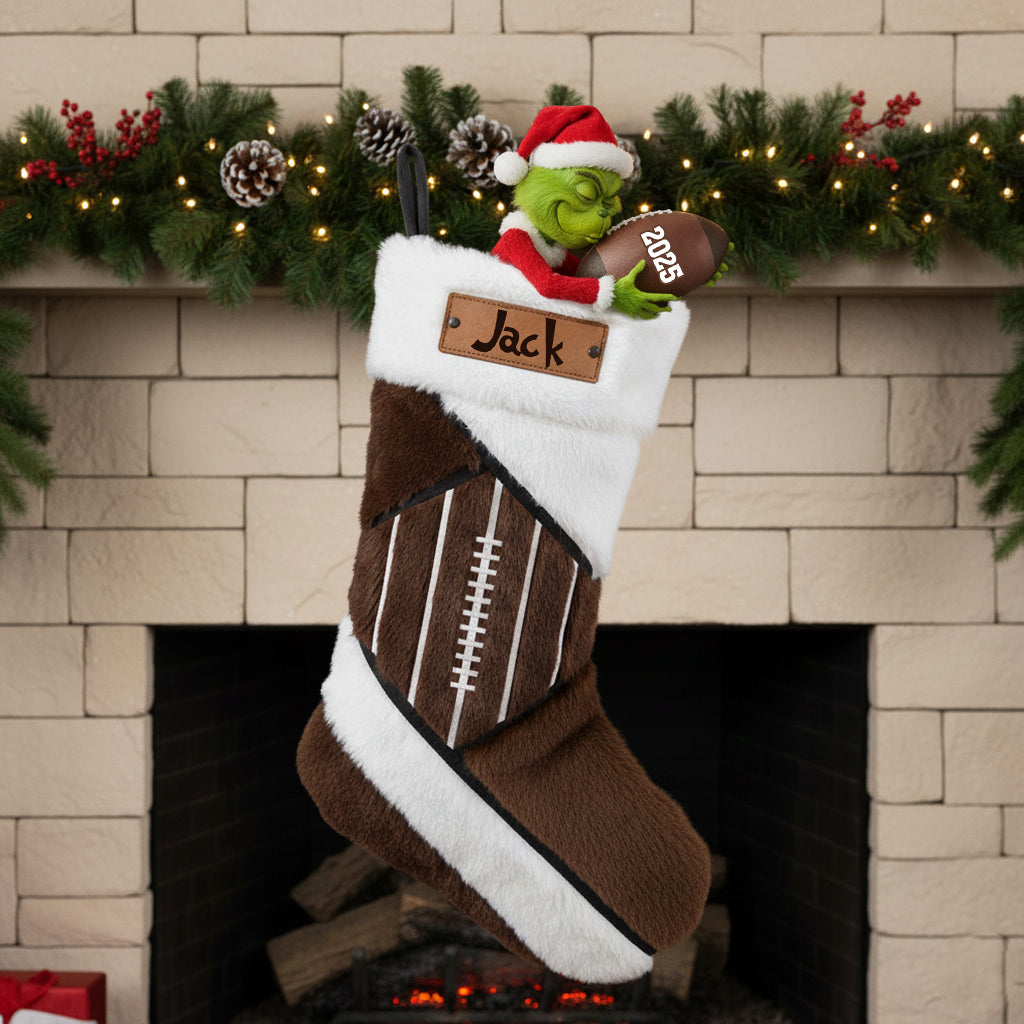 Funny Green Santa Football - Personalized Football Shaped Christmas Stocking