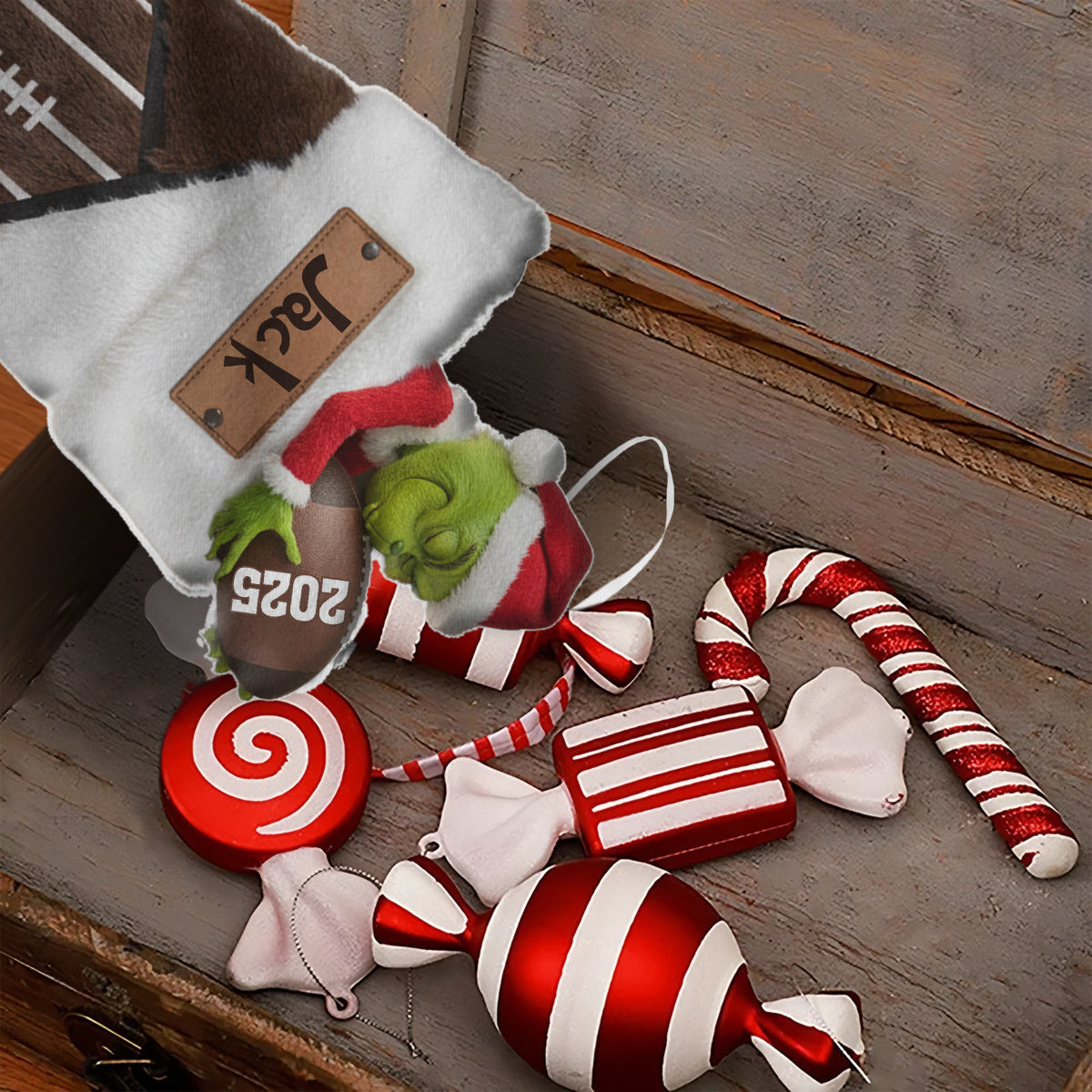 Funny Green Santa Football - Personalized Football Shaped Christmas Stocking