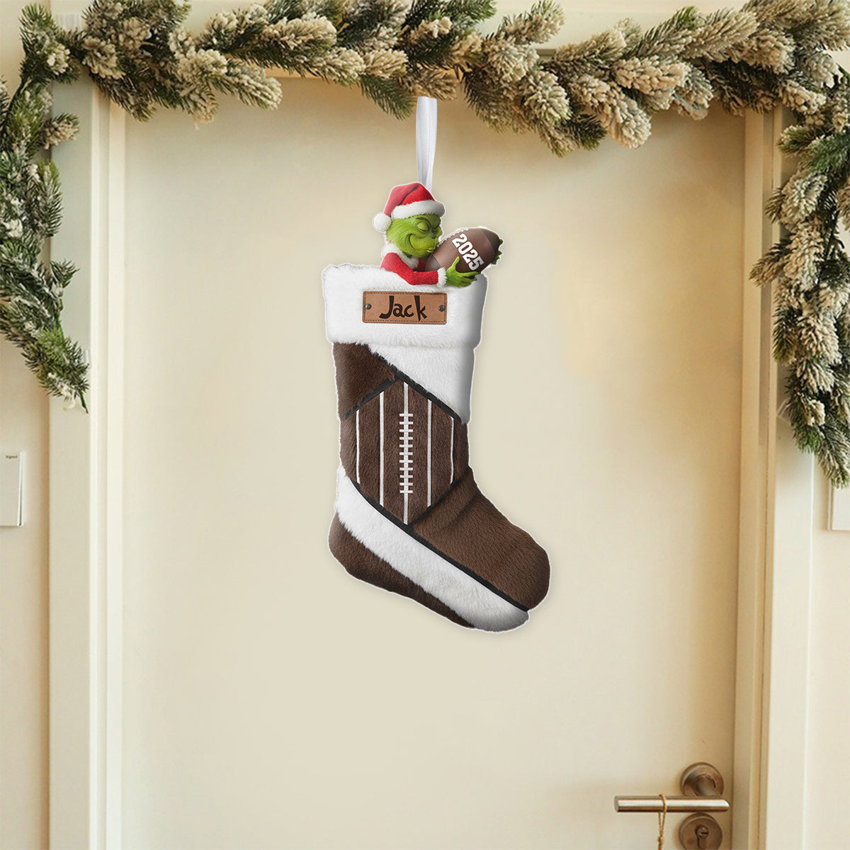 Funny Green Santa Football - Personalized Football Shaped Christmas Stocking