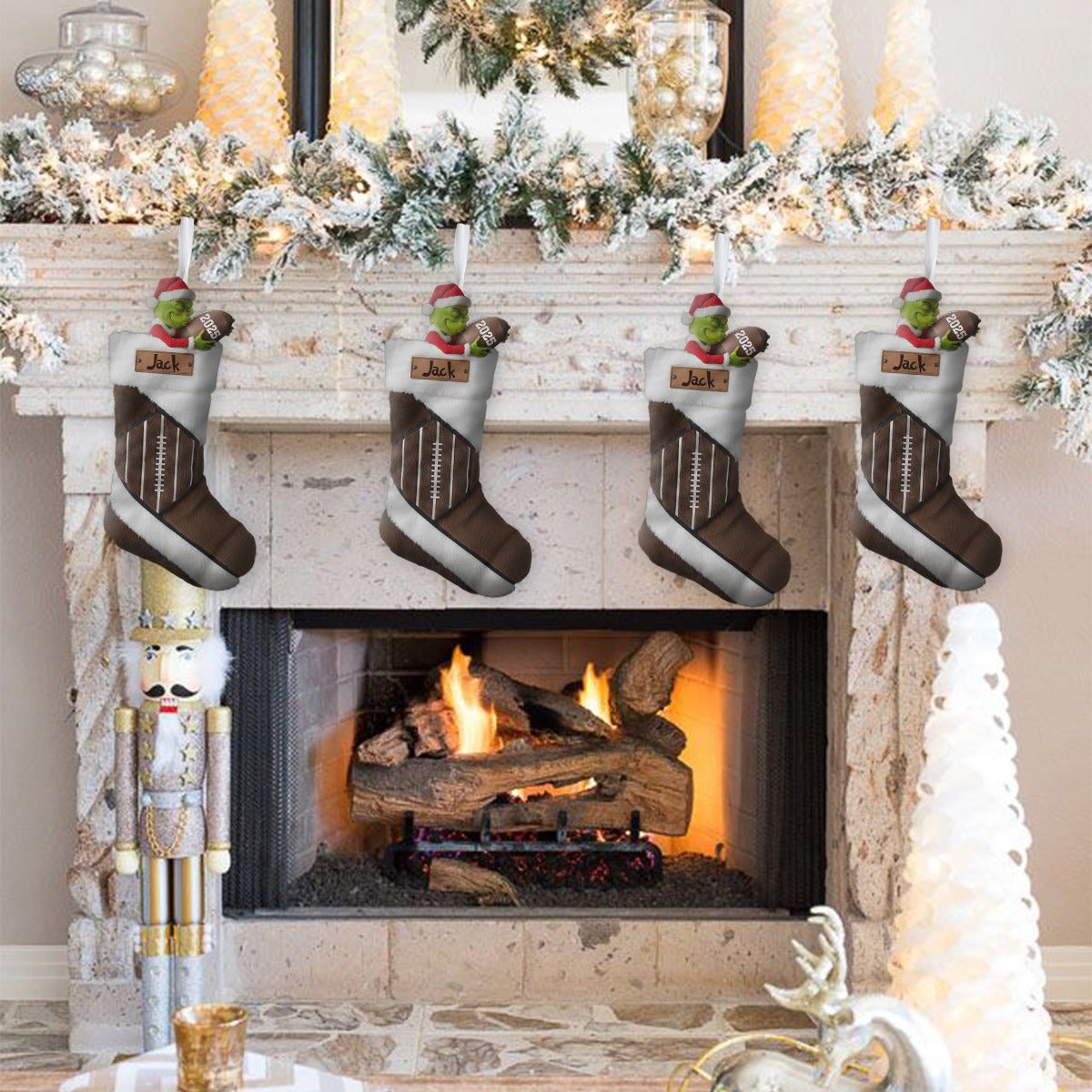 Funny Green Santa Football - Personalized Football Shaped Christmas Stocking