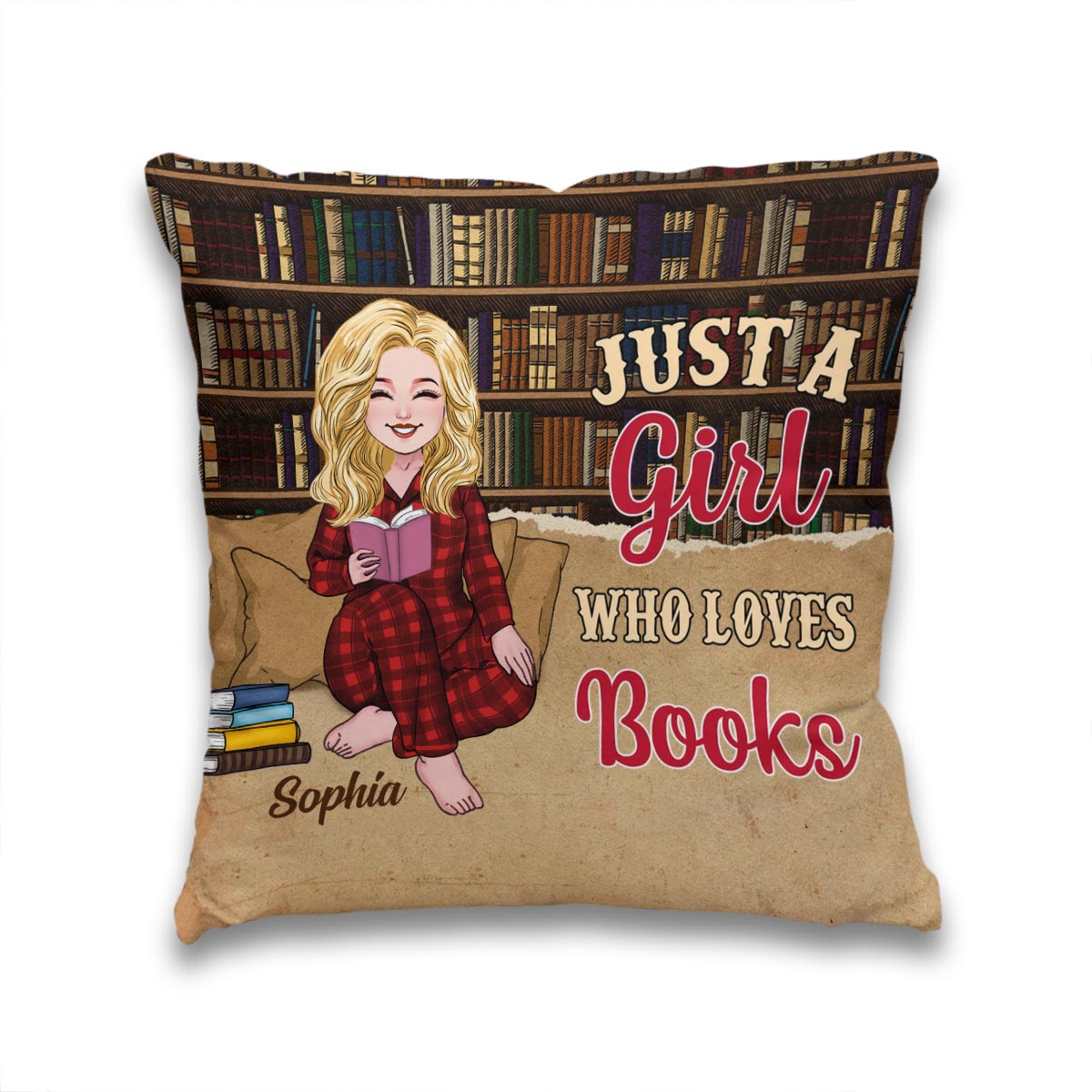 Coussin décoratif personnalisé « Juste une fille qui aime les livres »