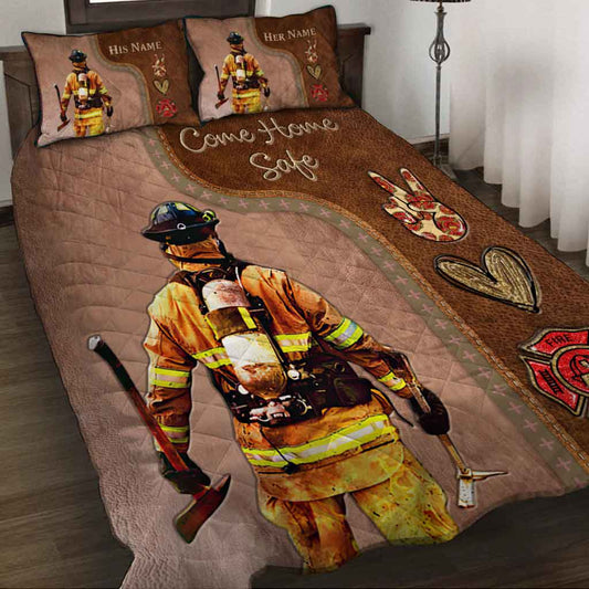 Rentrez sains et saufs - Ensemble de courtepointe personnalisé pour pompiers avec motif cuir