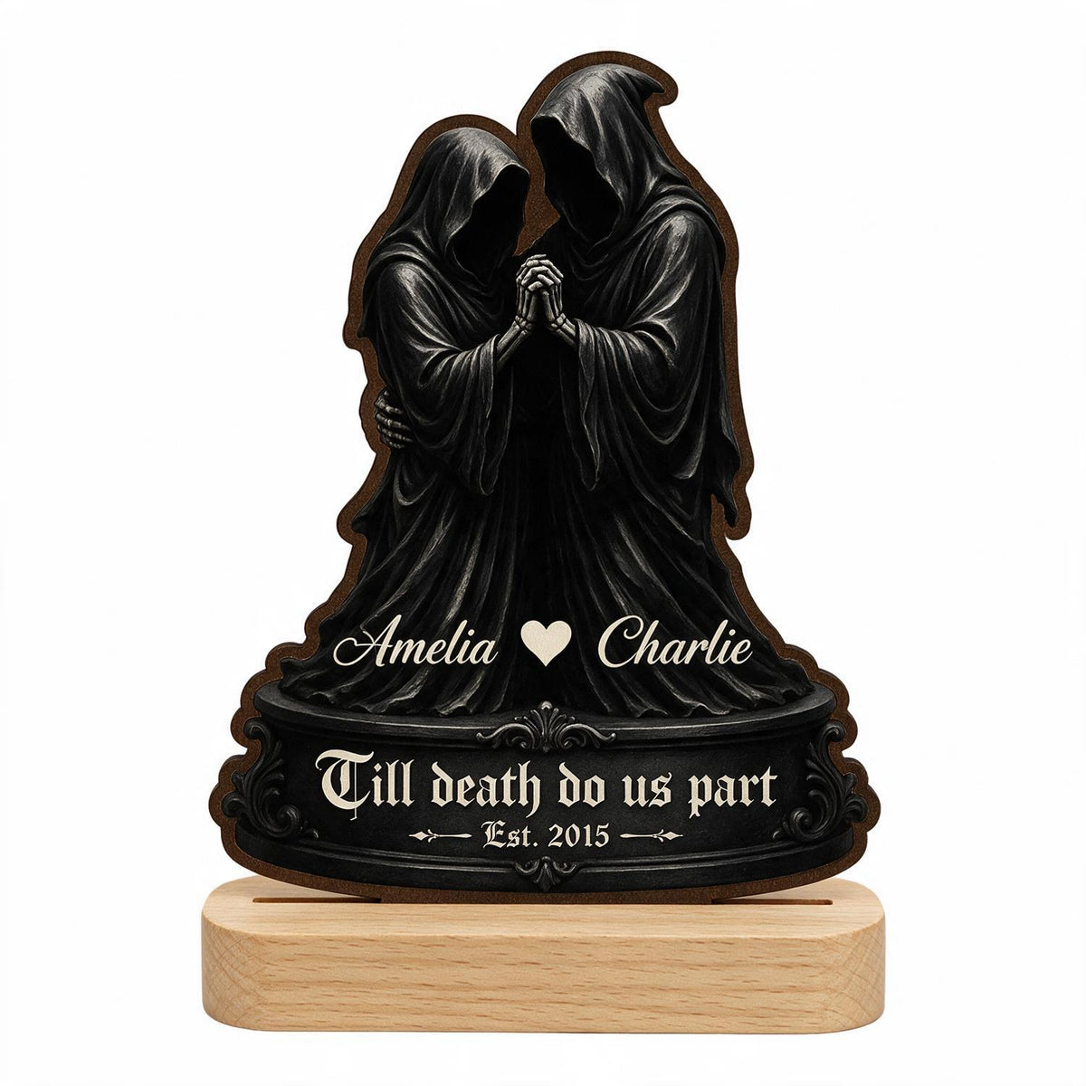 Personalized Grim Reaper Couple 2-Layer Wooden Plaque - Till Death Gothic Halloween Anniversary Gift for Dark Romance Fans