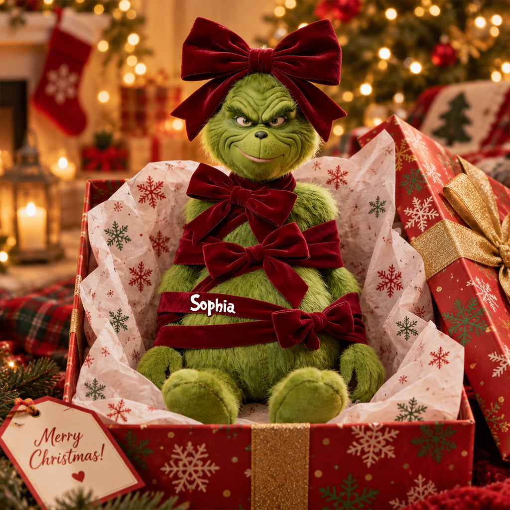 Green Christmas Character With Bow - Personalized Stole Christmas Premium Faux Fur Pillow