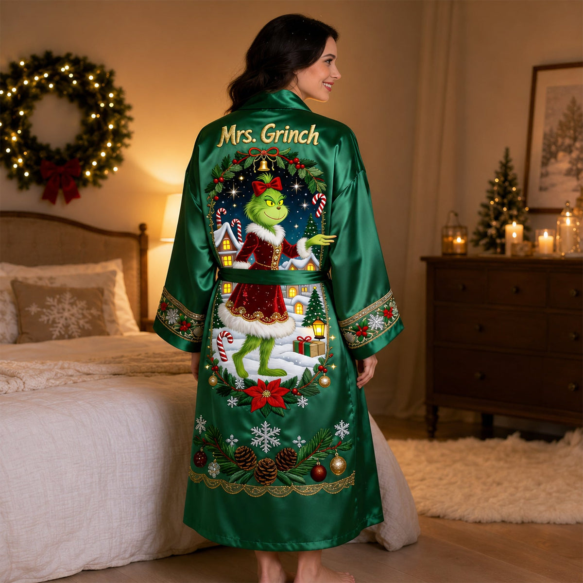 Merry Christmas - Green Couple - Personalized Stole Christmas Satin Robe