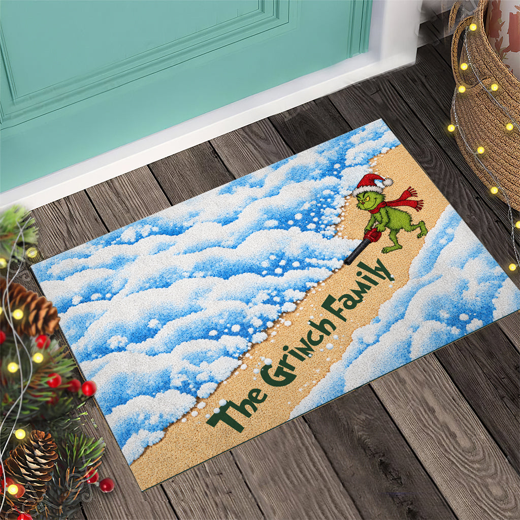 Green Mischief Blowing Leaf Snow - Personalized Stole Christmas Doormat