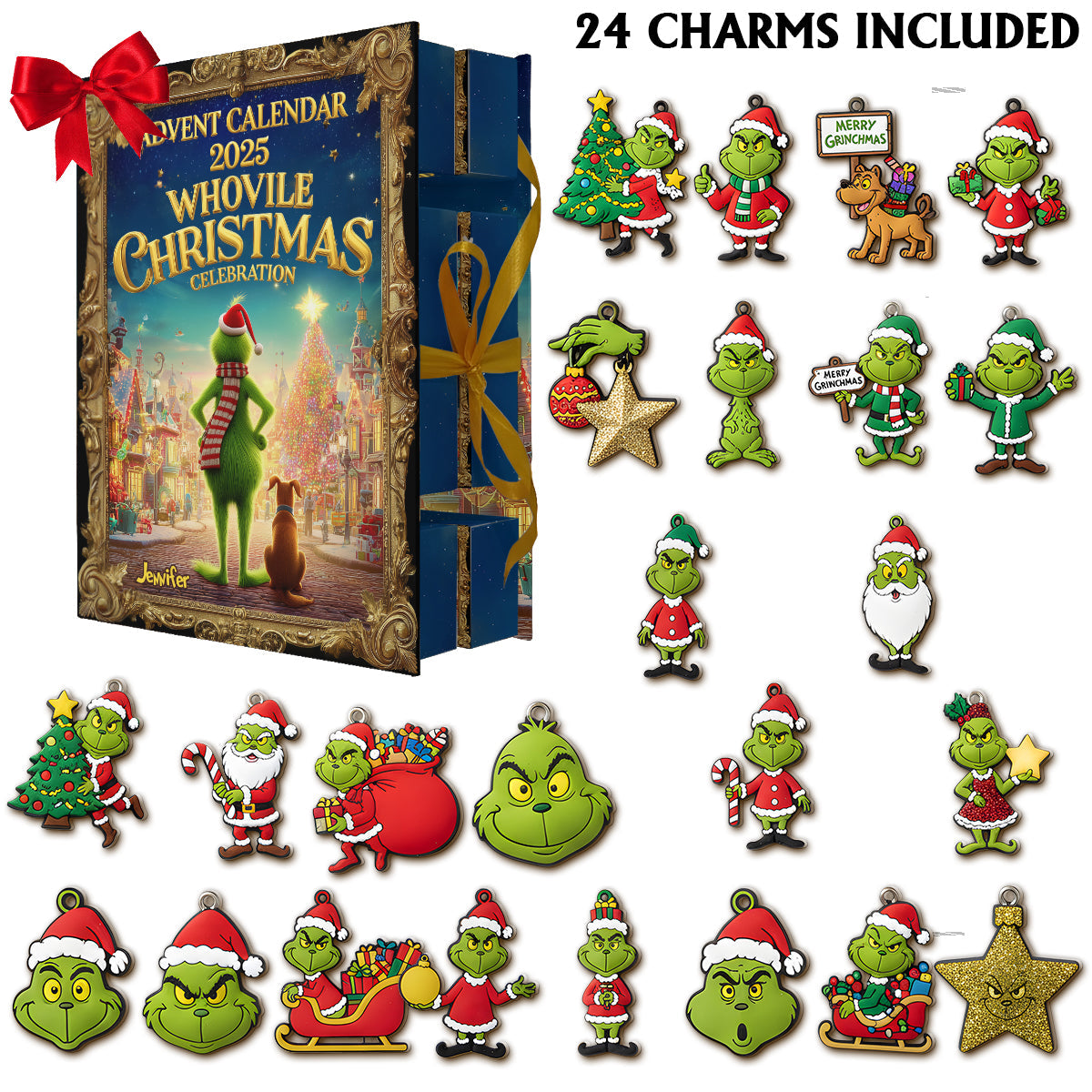 Calendrier de l'Avent vert - Calendrier de l'Avent pliable personnalisé avec étole et décorations