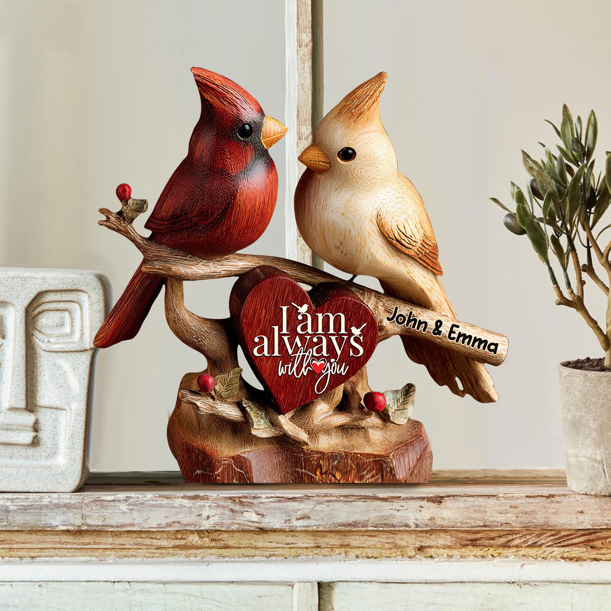 Cardinaux, je suis toujours avec vous - Plaque en bois personnalisée pour couple - Forme sur mesure