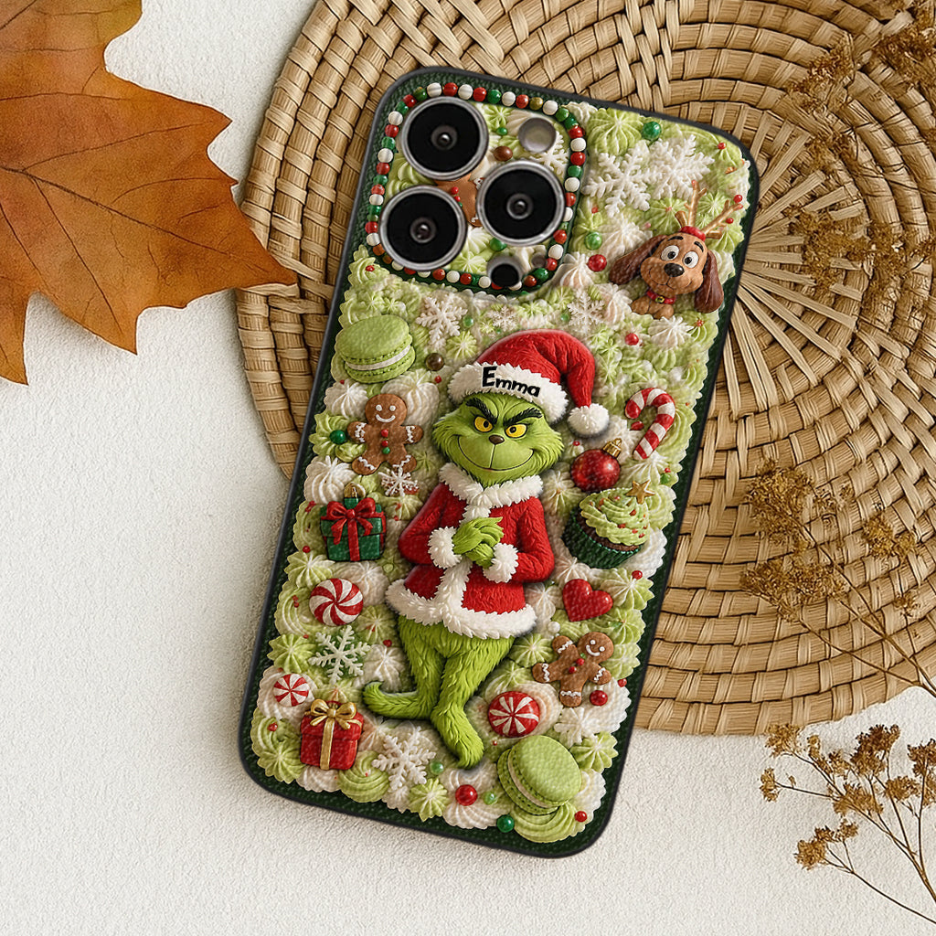 Christmas Green Character - Personalized Stole Christmas 3D Embossed Leather Phone Case