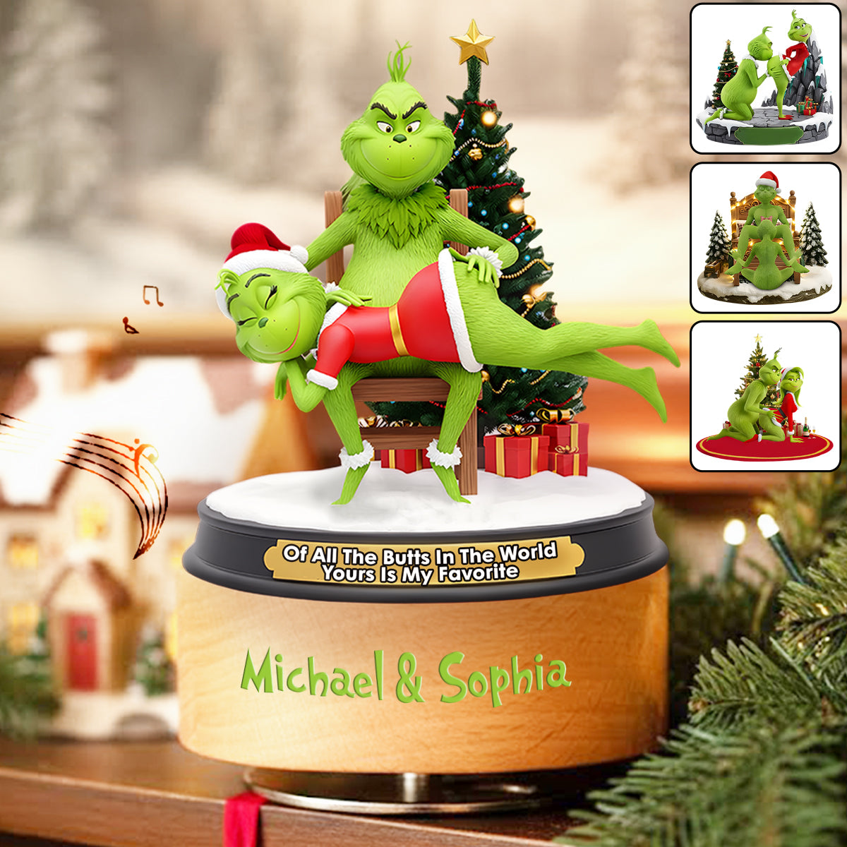 Couple Grinchmas - Étole de Noël personnalisée Plaque musicale rotative