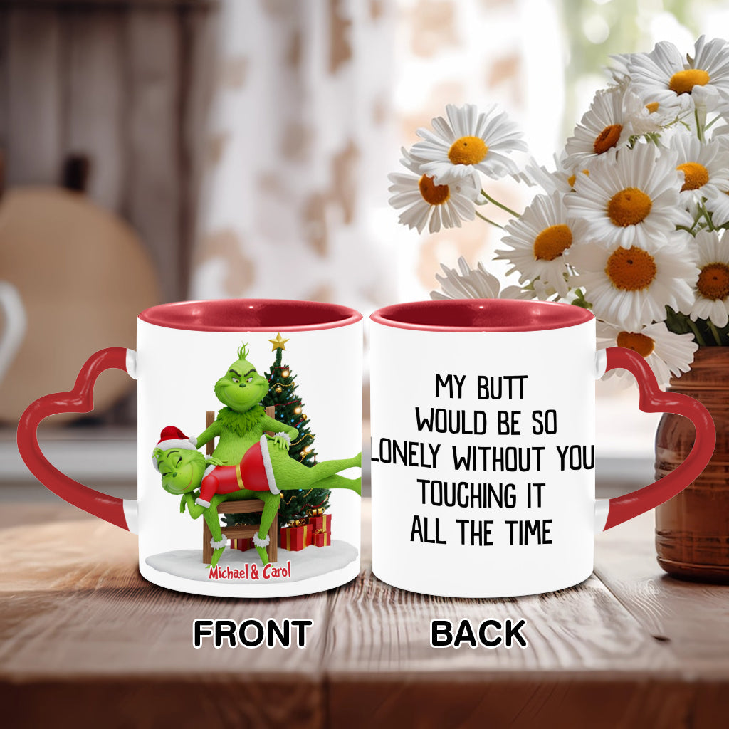 Mon derrière serait si seul ! Mug vert coquin personnalisé pour couple avec anse en forme de cœur