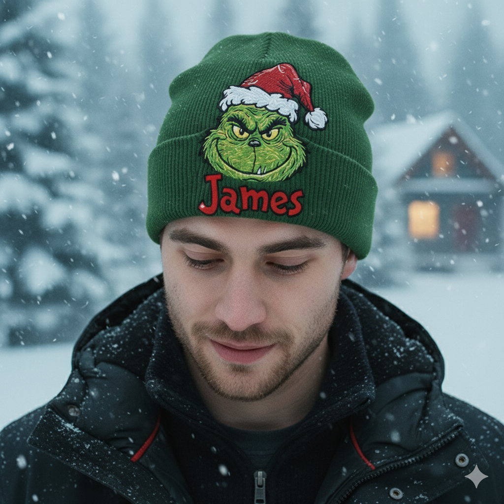 Merry Grinchmas - Personalized Stole Christmas Beanie Hat With Patches