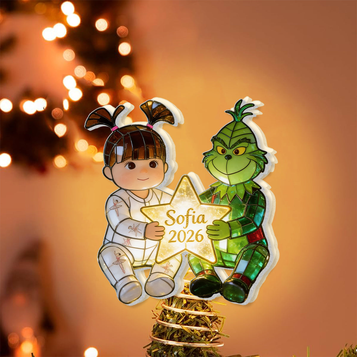 Kid And Green Christmas Character - Personalized Stole Christmas LED Light Tree Topper