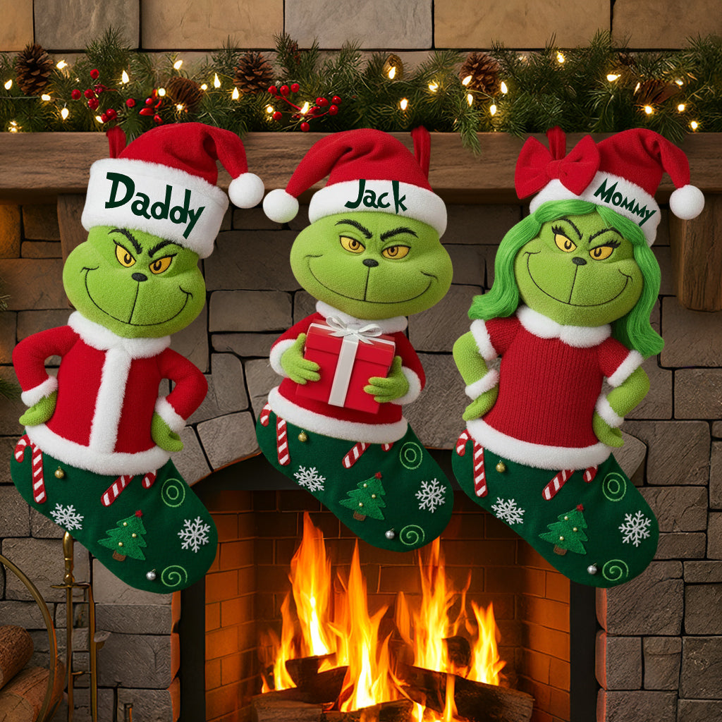 Family Gift Merry Grinchmas - Personalized Stole Christmas Shaped Christmas Stocking