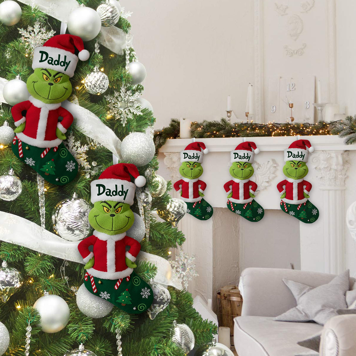 Family Gift Merry Grinchmas - Personalized Stole Christmas Shaped Christmas Stocking