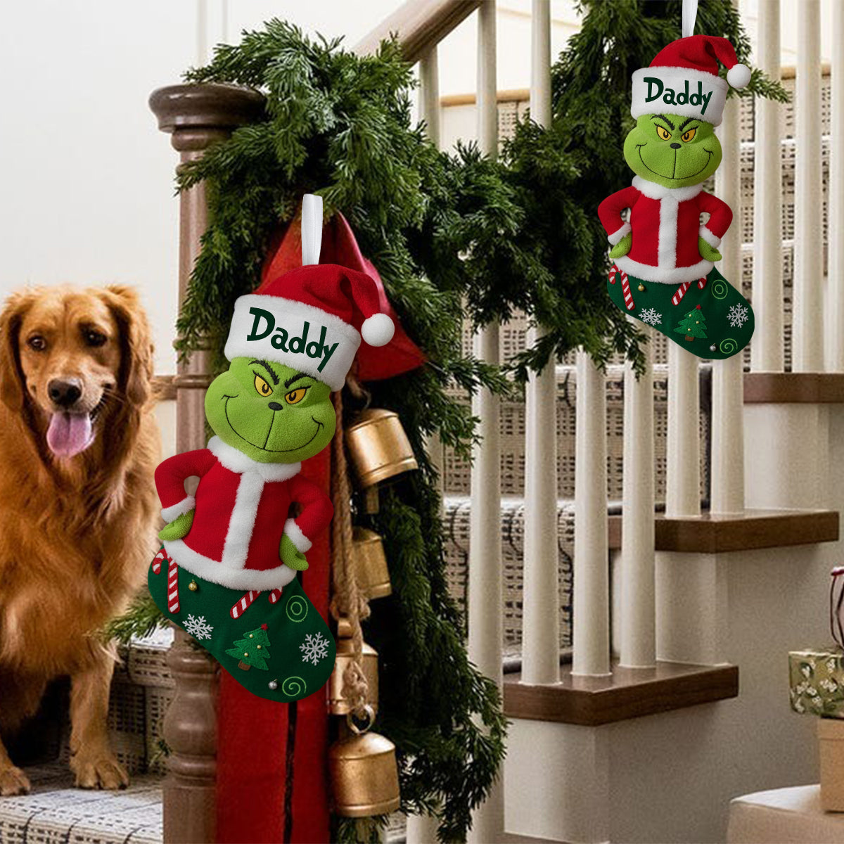 Family Gift Merry Grinchmas - Personalized Stole Christmas Shaped Christmas Stocking