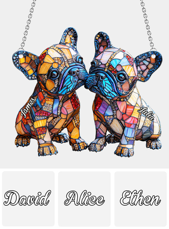 Couple de bouledogues français - Décoration attrape-soleil personnalisée à suspendre à la fenêtre, représentant un bouledogue français 