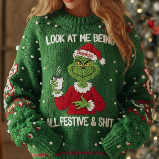 Naughty Greenmas Mood - Personalized Stole Christmas Ugly Sweater