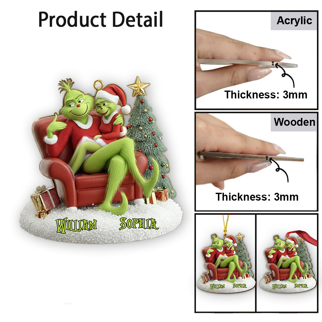 Funny Green Monsters Couple - Personalized Stole Christmas Ornament