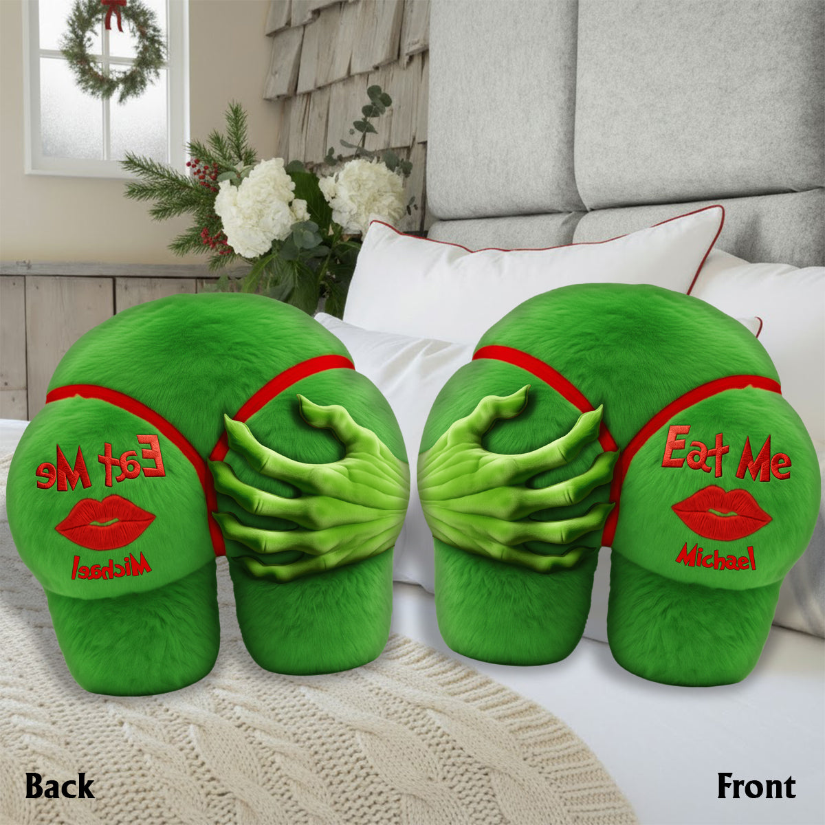 Cadeau de Noël amusant pour couple - Étole de Noël personnalisée et coussin en fausse fourrure en forme d'oreiller