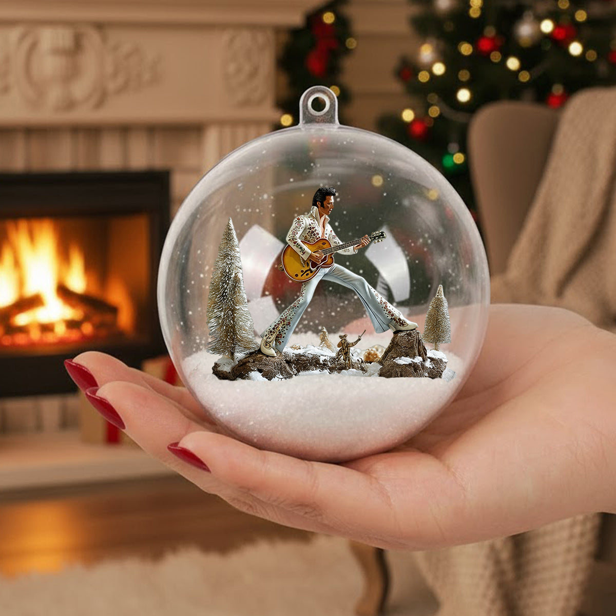 Merry Christmas King Of Rock - Personalized King of Rock and Roll Snow Globe Ornament With Bow