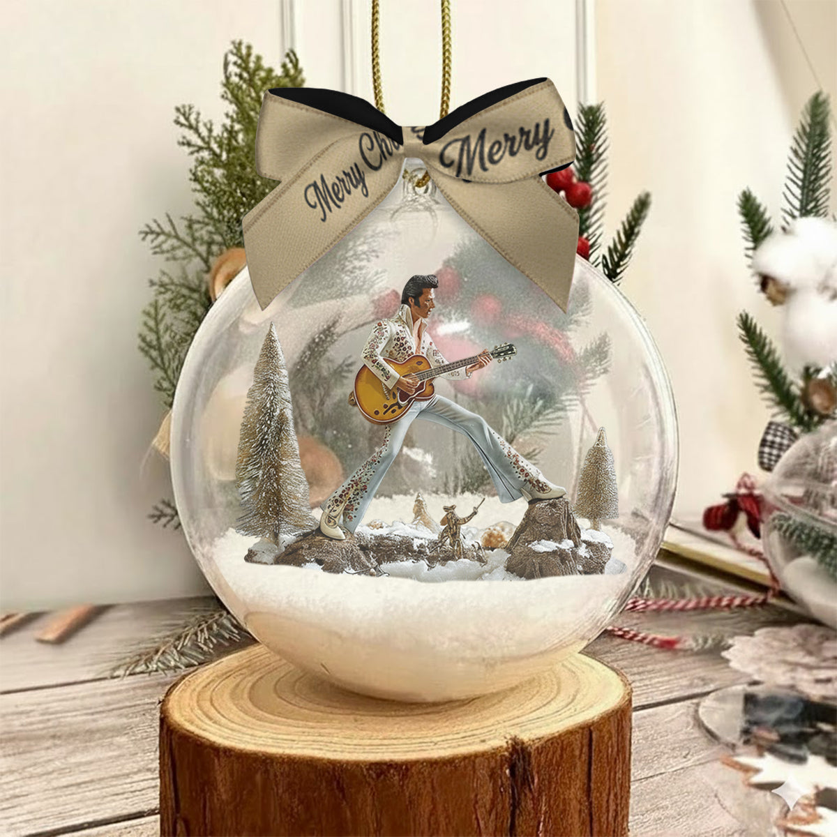 Merry Christmas King Of Rock - Personalized King of Rock and Roll Snow Globe Ornament With Bow