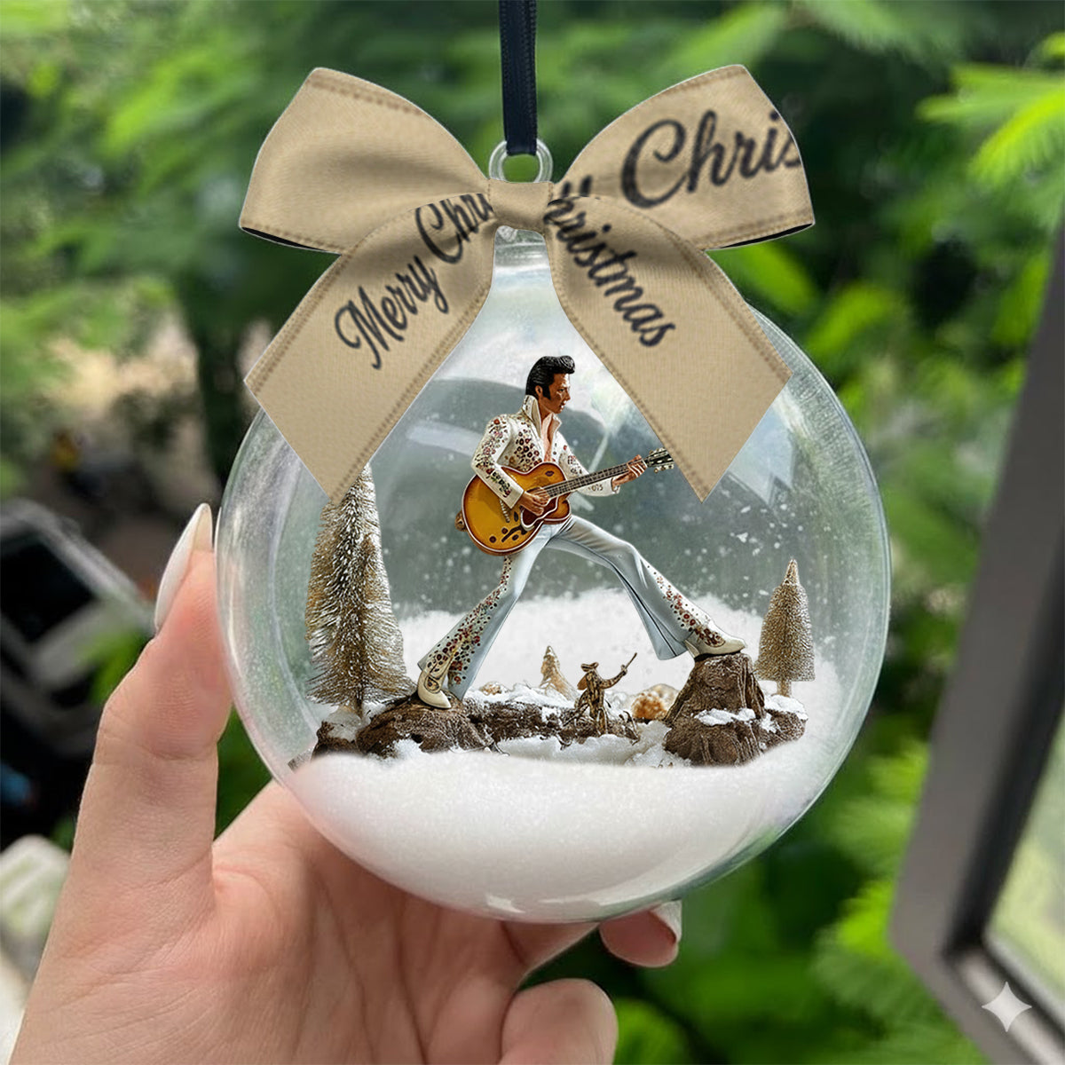 Merry Christmas King Of Rock - Personalized King of Rock and Roll Snow Globe Ornament With Bow