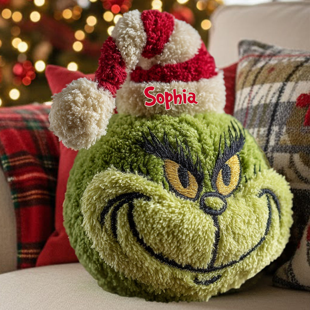 Any Name Green Monster Christmas Gift - Personalized Stole Christmas Faux Fur Shaped Pillow
