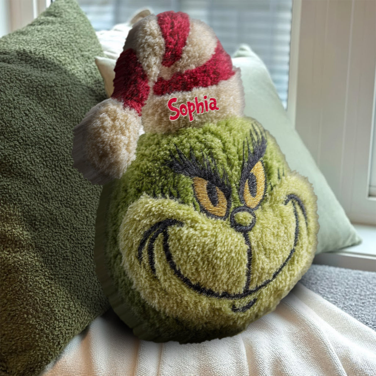 Any Name Green Monster Christmas Gift - Personalized Stole Christmas Faux Fur Shaped Pillow