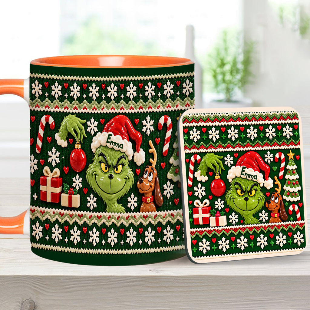 Green Mischief Ugly Pattern - Personalized Stole Christmas Accent Mug & Coaster