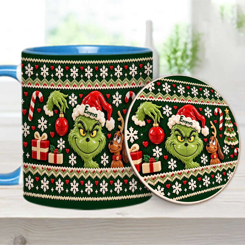 Green Mischief Ugly Pattern - Personalized Stole Christmas Accent Mug & Coaster