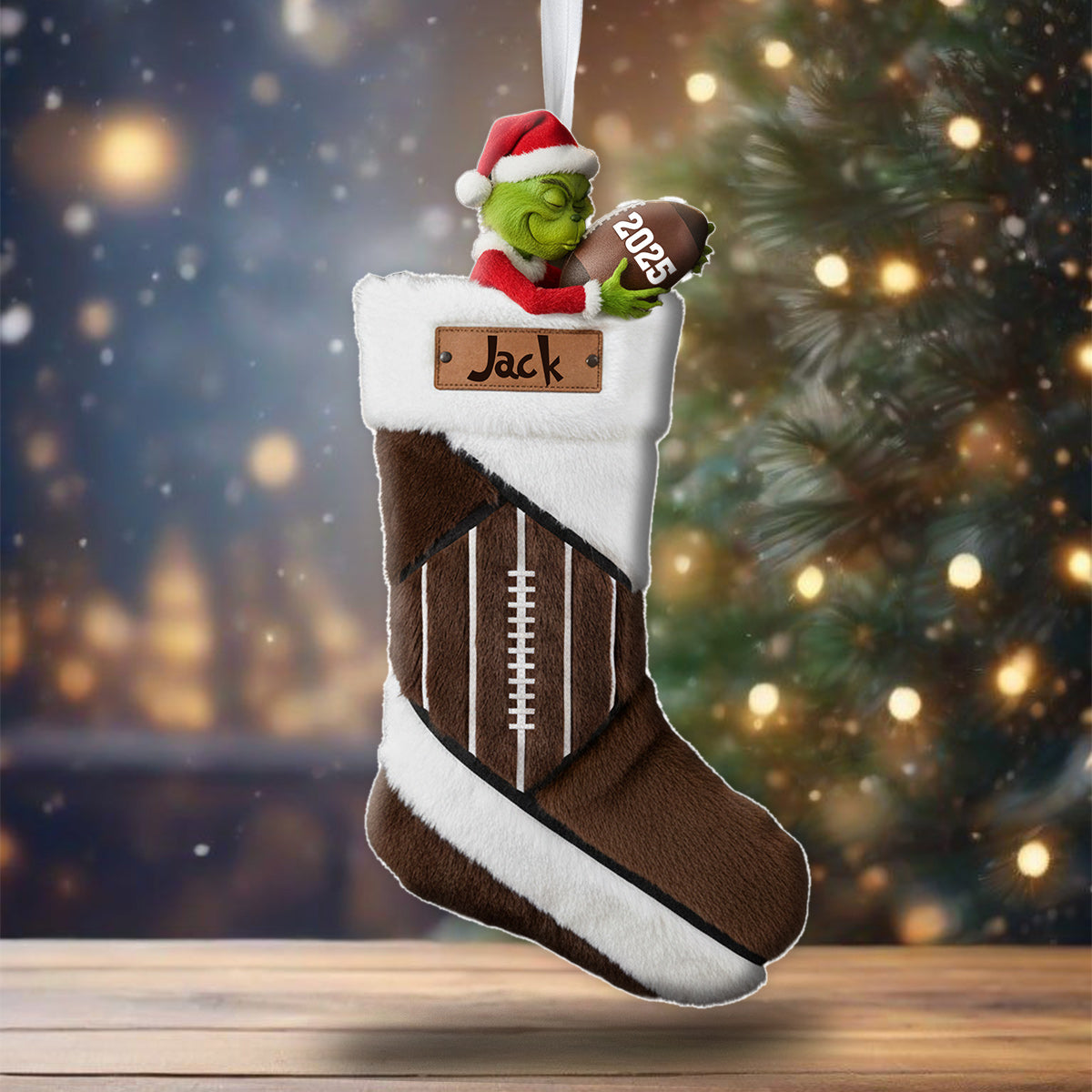 Funny Green Santa Football - Personalized Football Shaped Christmas Stocking