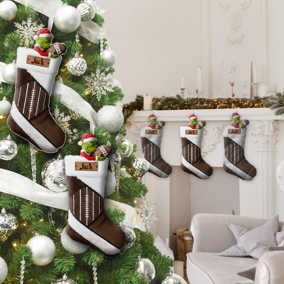 Funny Green Santa Football - Personalized Football Shaped Christmas Stocking