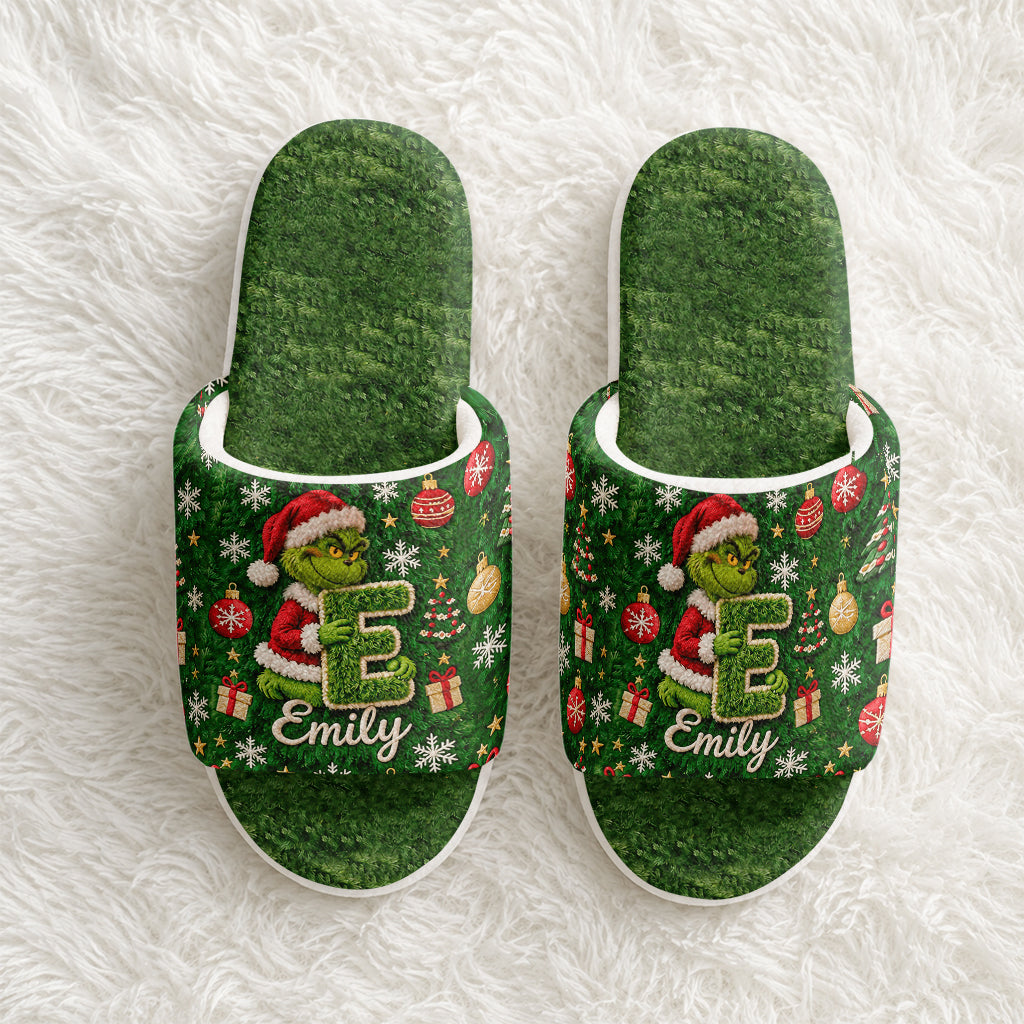 Merry Grinchmas Initial - Personalized Stole Christmas Faux Fur Boot Slippers