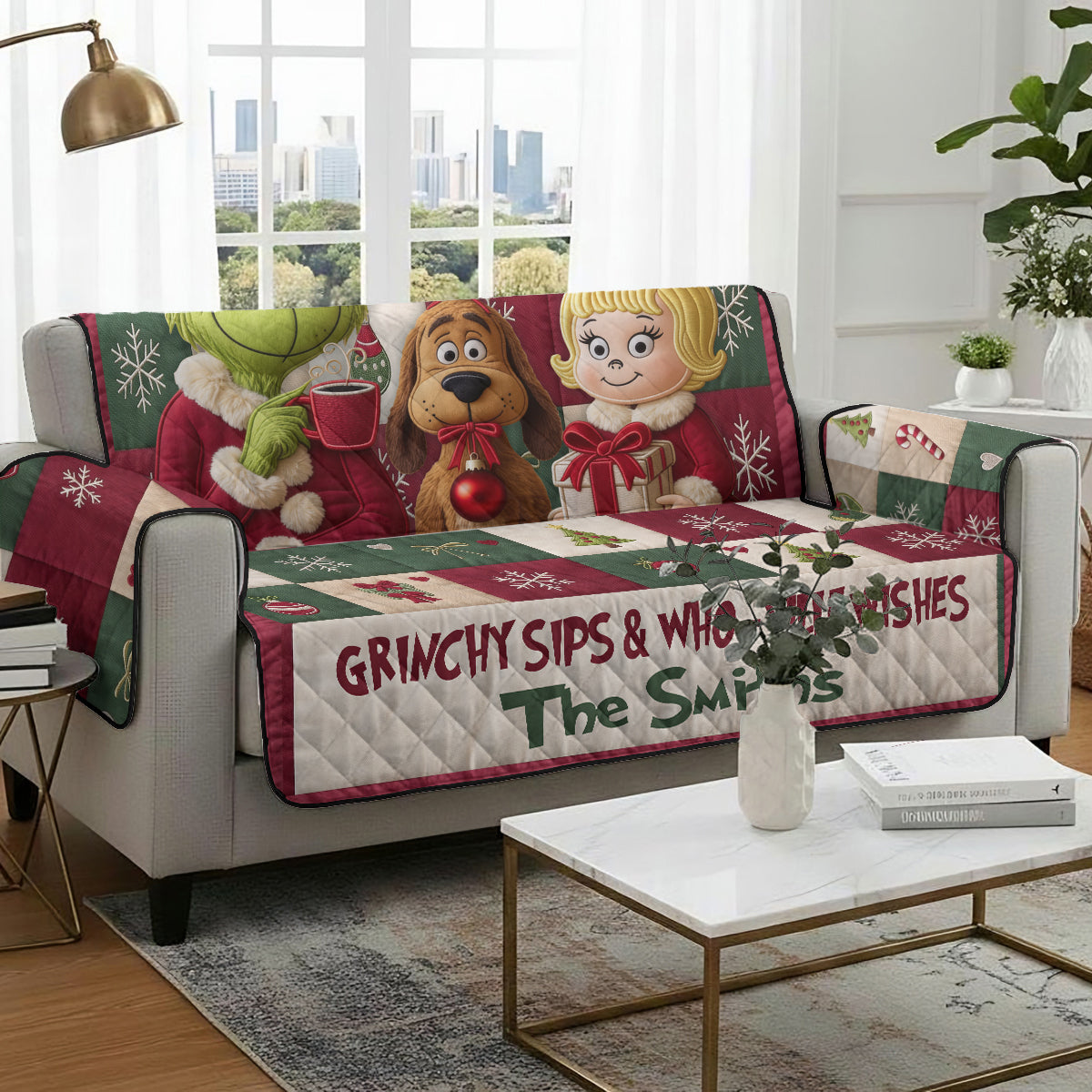 Merry Grinchmas - Personalized Stole Christmas Quilted Sofa/Couch Cover