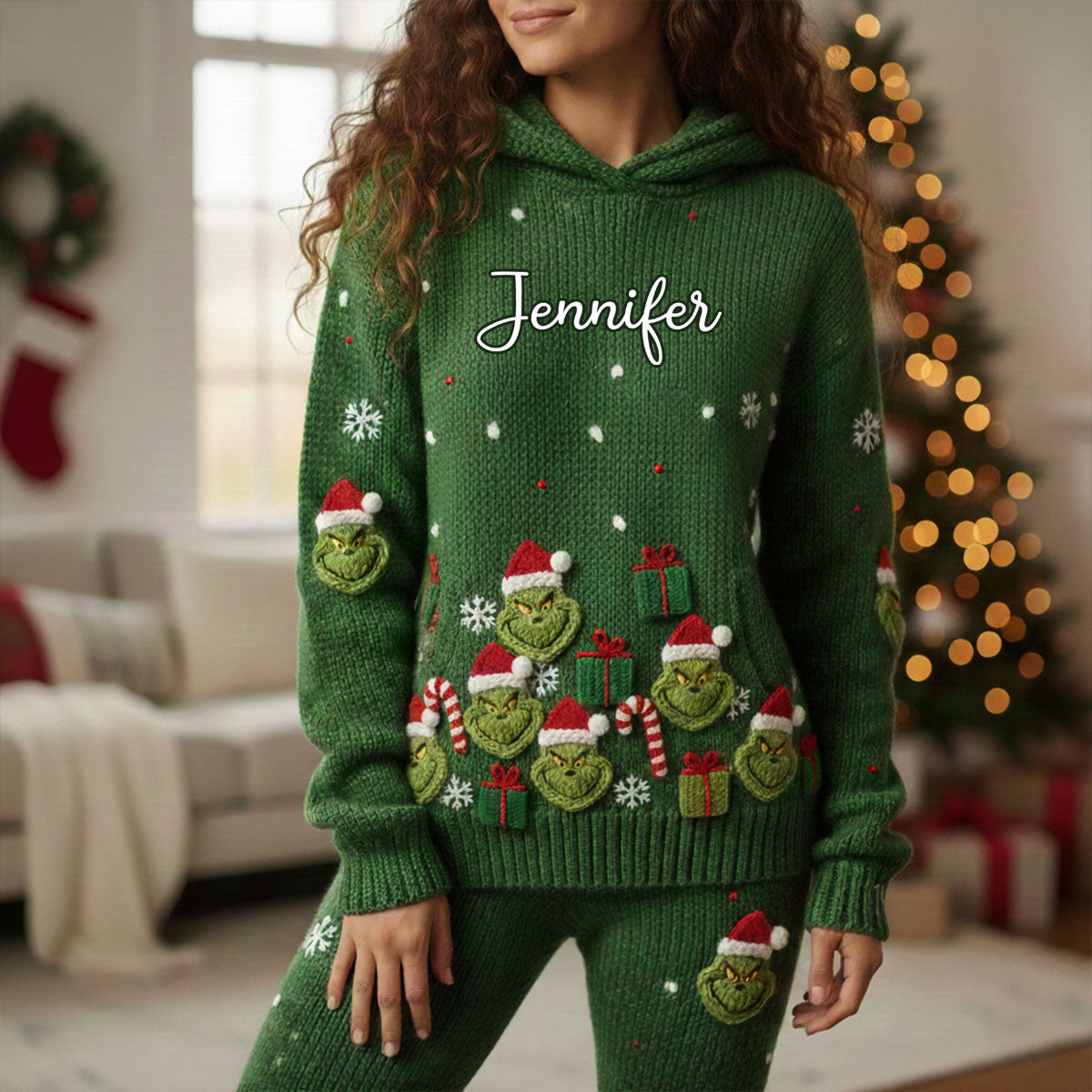 Green Mischief Naughty Christmas - Sweat à capuche et legging personnalisés avec étole de Noël