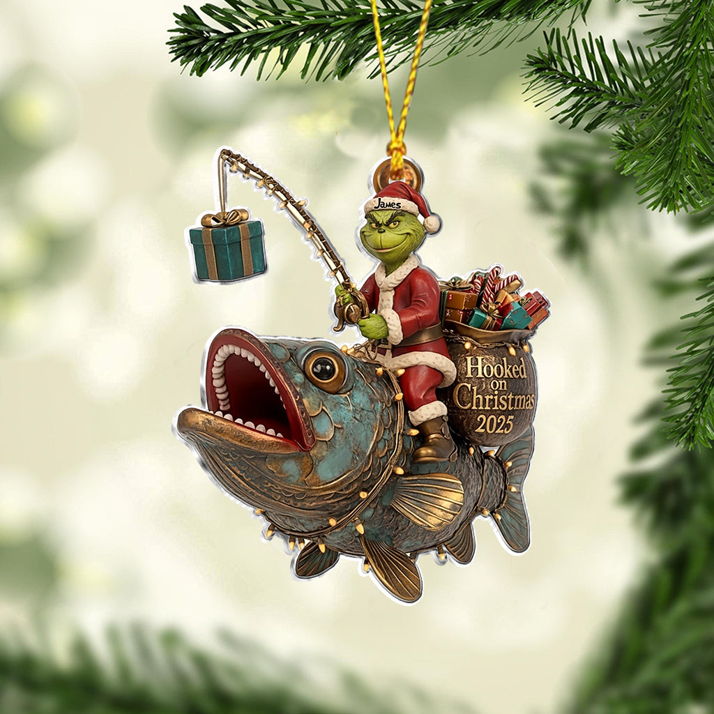 Père Noël vert chevauchant un poisson - Ornement de pêche personnalisé