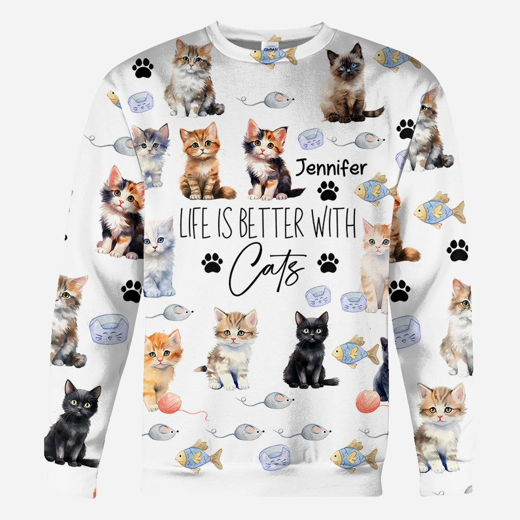 La vie est plus belle avec des chats - T-shirt personnalisé avec un motif chat.