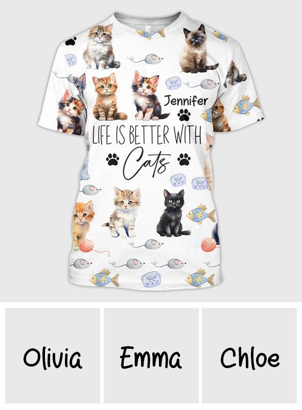 La vie est plus belle avec des chats - T-shirt personnalisé avec un motif chat.