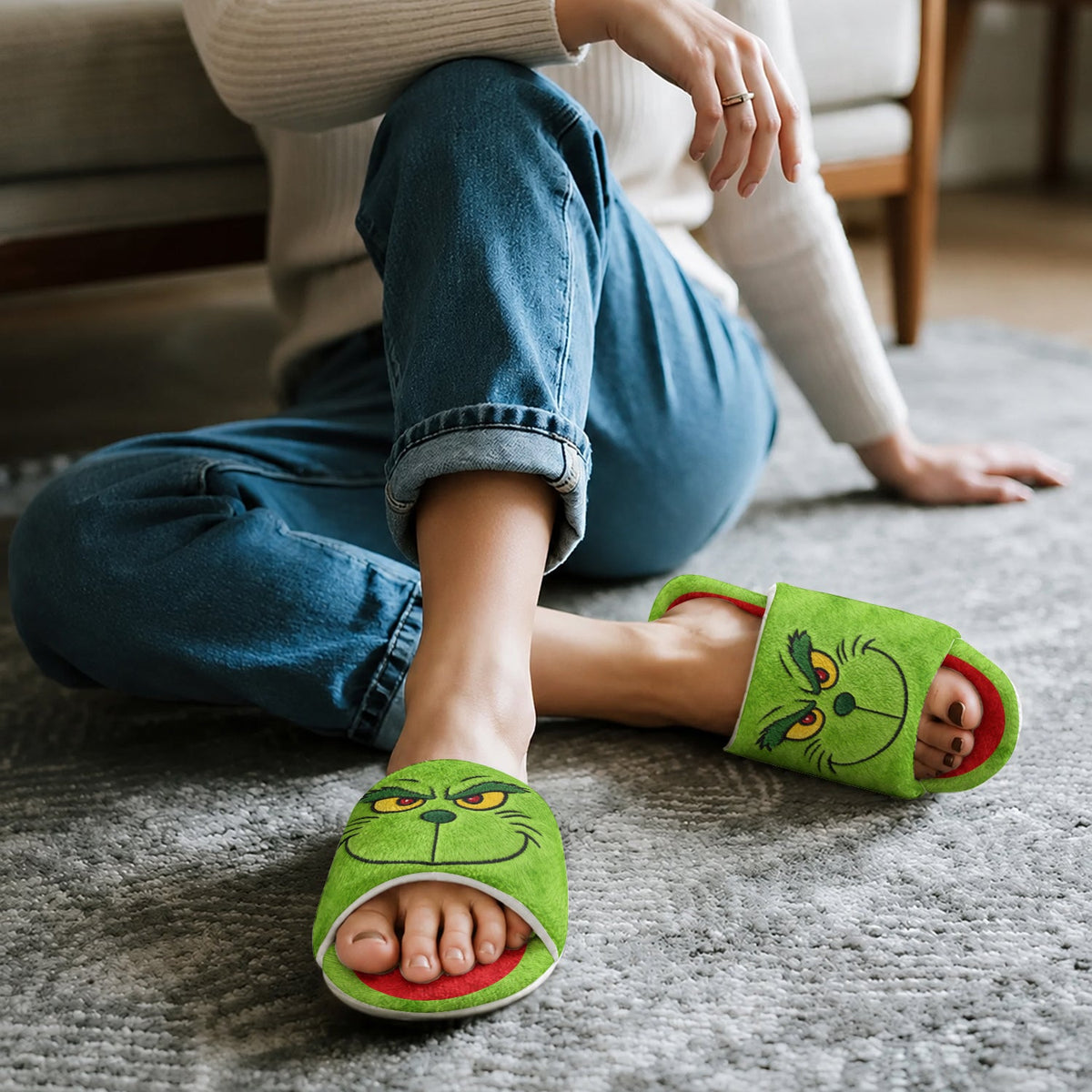 Merry Grinchmas - Personalized Stole Christmas Open-Toe Slippers