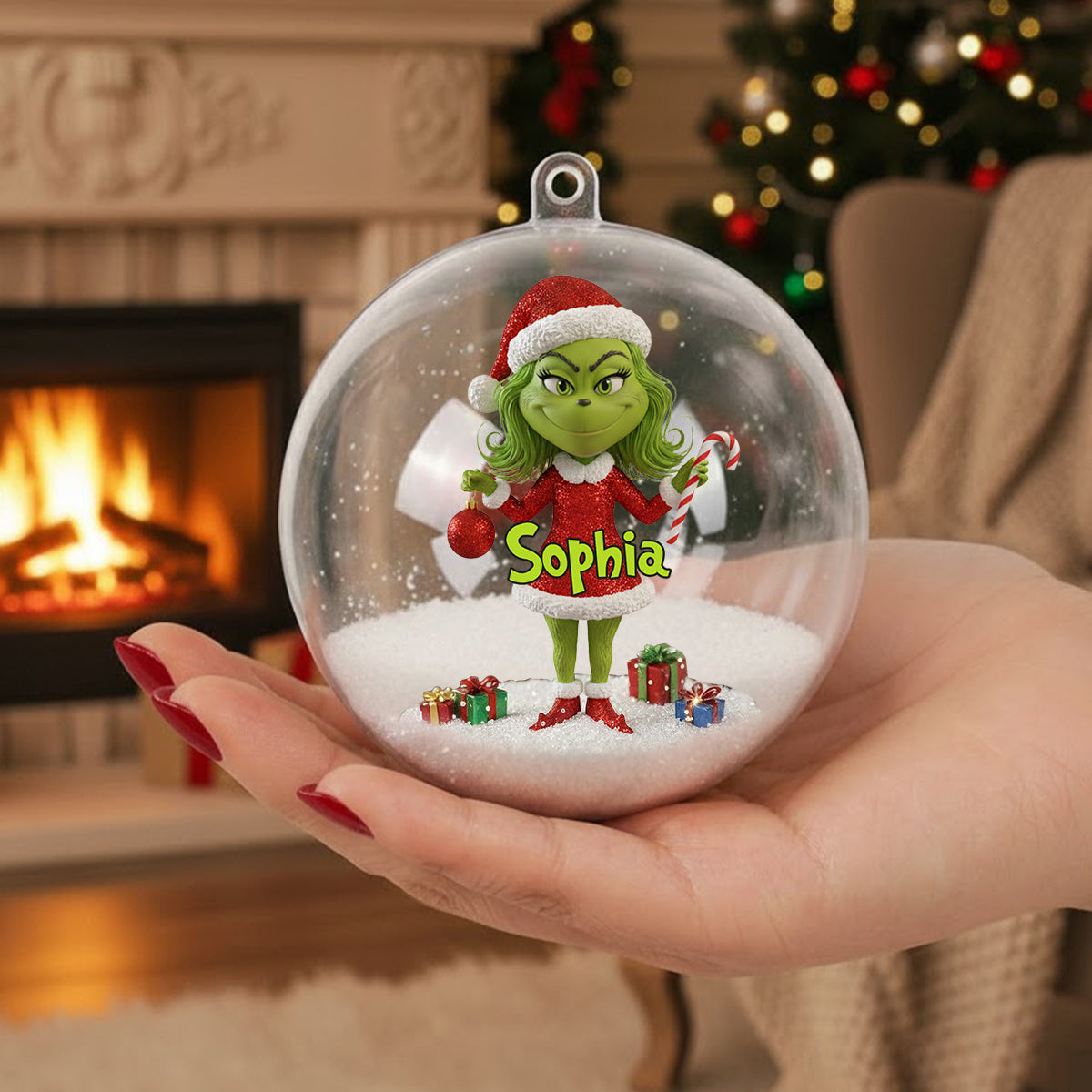Merry Grinchmas - Personalized Stole Christmas Snow Globe Ornament With Bow