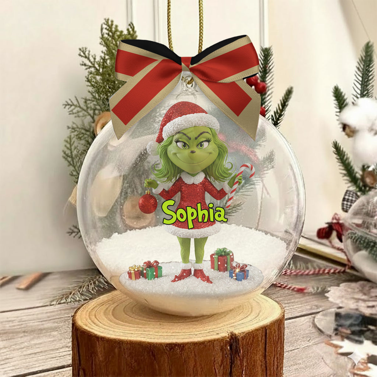 Merry Grinchmas - Personalized Stole Christmas Snow Globe Ornament With Bow