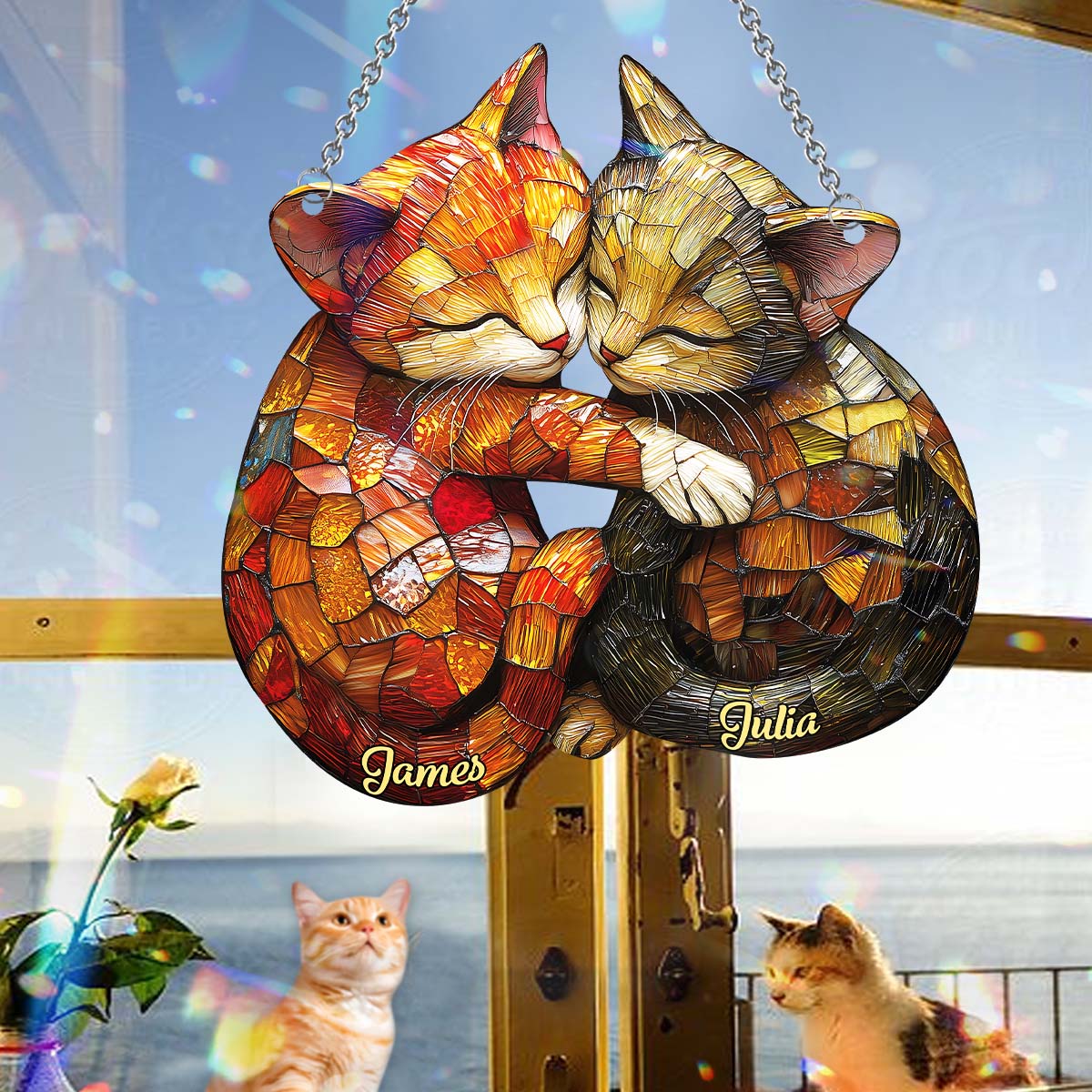 Couple de chats mignons - Décoration attrape-soleil personnalisée à suspendre à la fenêtre 