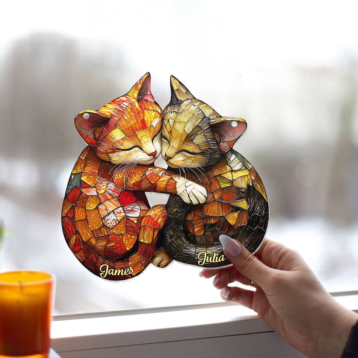 Couple de chats mignons - Décoration attrape-soleil personnalisée à suspendre à la fenêtre 