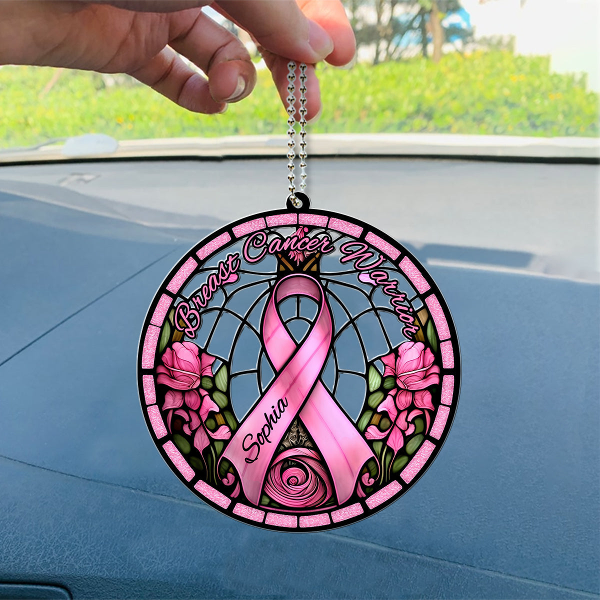 Breast Cancer Warrior - Personalized Breast Cancer Awareness Custom Shaped Car Ornament