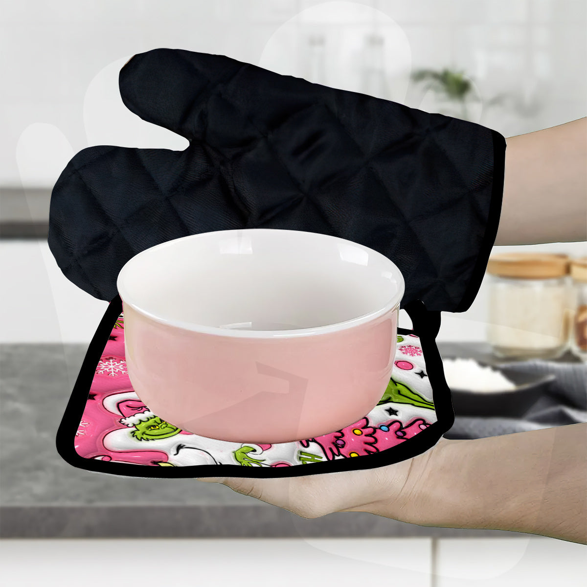 Joyeux Grinchmas ! Ensemble de gants de cuisine et maniques personnalisés avec étole de Noël
