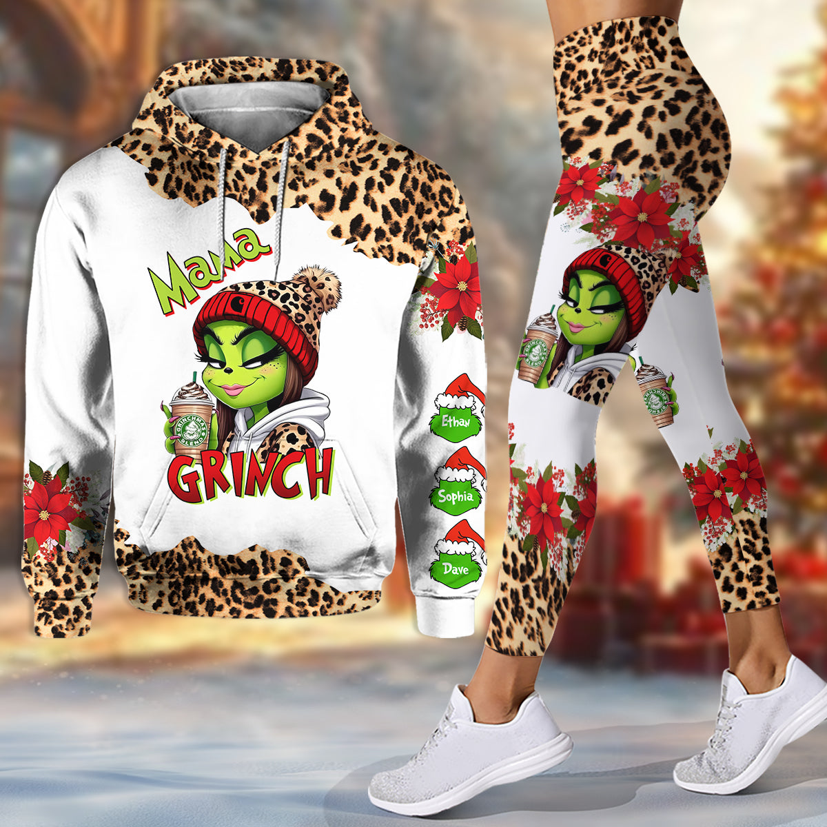 Maman Grincheuse - Sweat à capuche et legging personnalisés avec étole de Noël