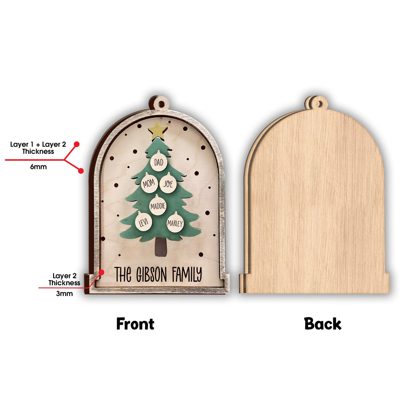 Christmas Tree - Personalized Family 2 Layered Piece Ornament
